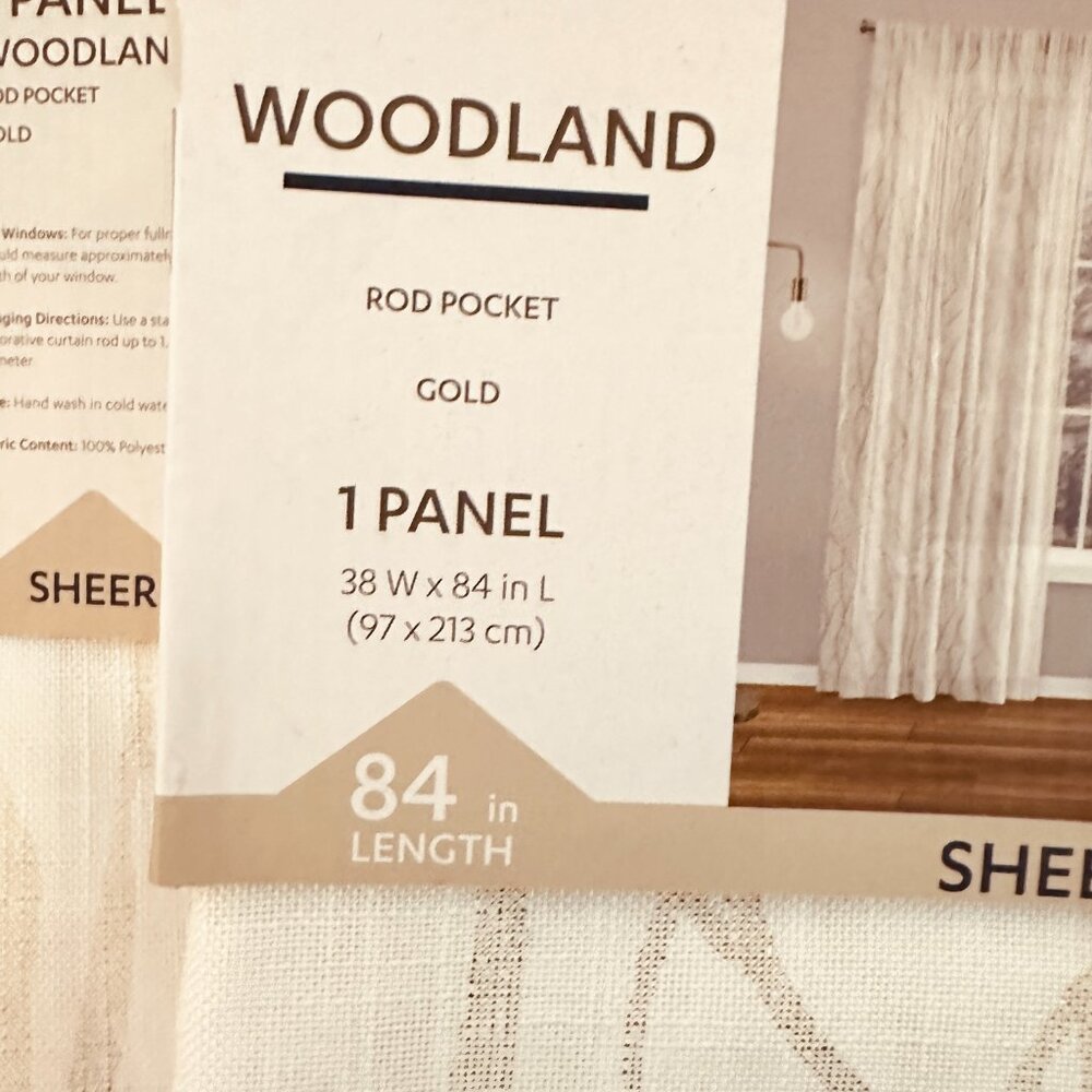 At home Woodland Rod Pocket Gold White Sheer Curtains -3 Panels (38w x 84L NWT